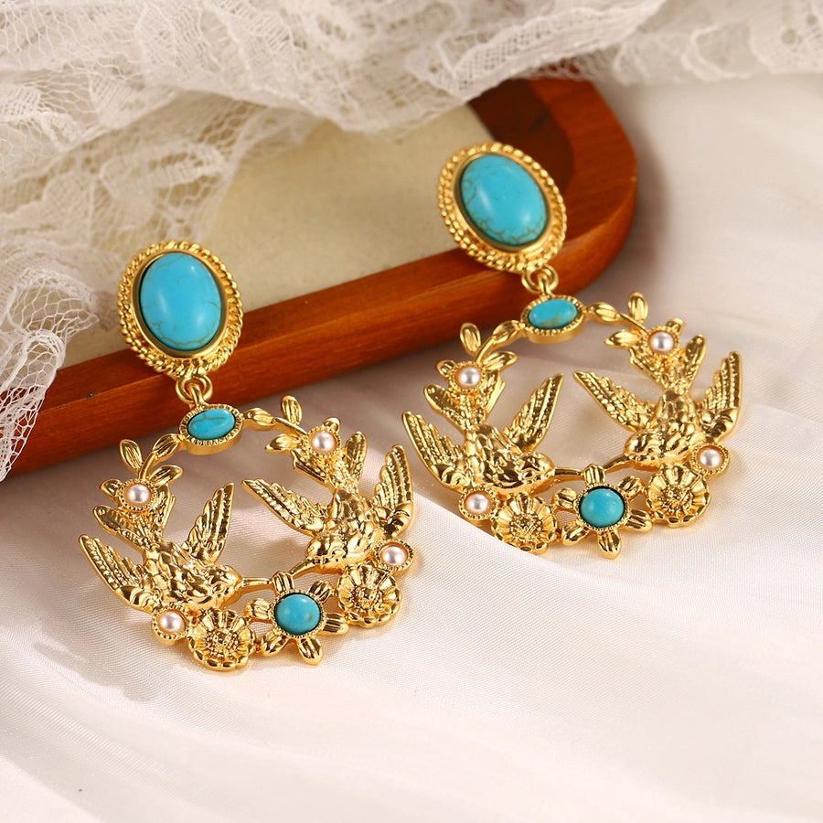 1 Pair Elegant Retro Geometric Butterfly Inlay Alloy Artificial Pearls Natural Stone Zircon 18K Gold Plated Palladium White K Drop Earrings