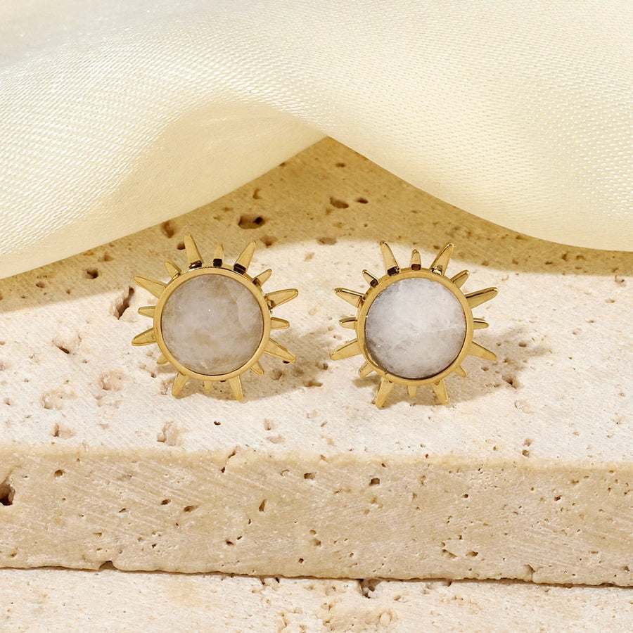 One Pack and Two Pairs Retro French Style Sun Plating Titanium Steel Natural Stone 14K Gold Plated Ear Studs
