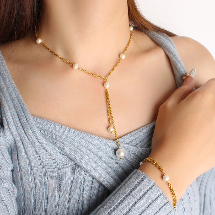 Jewelry French Style Geometric 304 Stainless Steel Glass Pearl 18K Gold Plated Bracelets Necklace