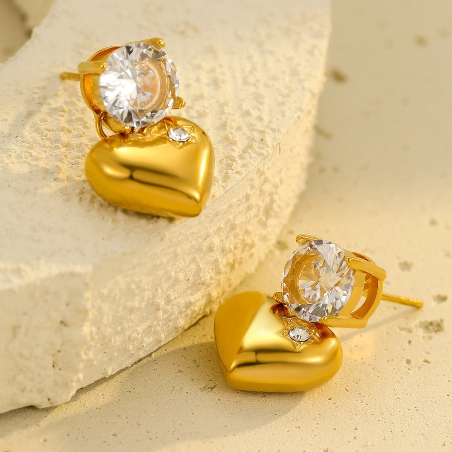 1 Pair Retro Sweet Round Heart Shape Inlay 304 Stainless Steel Zircon 18K Gold Plated Drop Earrings