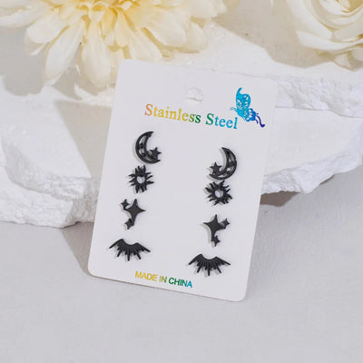 4 Pairs Cute Sweet Commute Sun Star Moon Polishing Hollow Out 304 Stainless Steel 18K Gold Plated Ear Studs