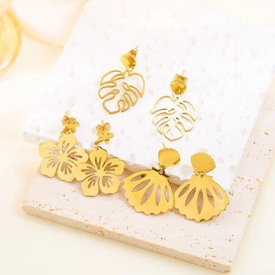 1 Pair Elegant Tropical Leaves Flower Shell 201 Stainless Steel Drop Earrings