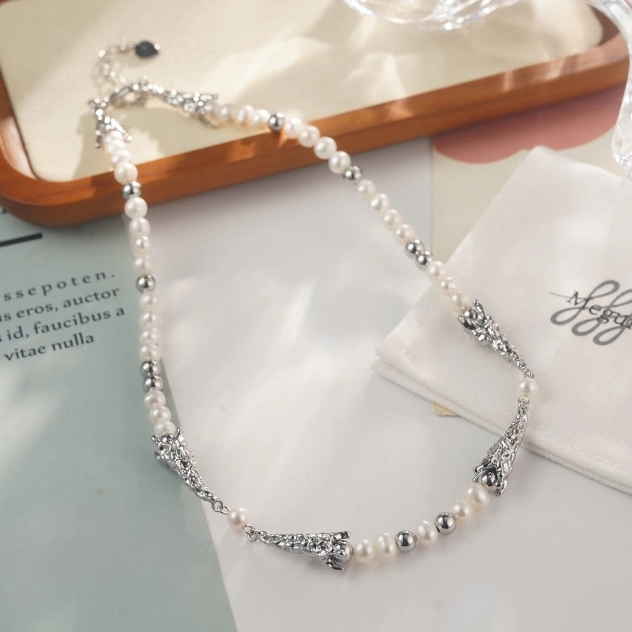 Alloy Copper White Gold Plated Four Eight-Pointed Stars Glass Pearl Zircon Necklace