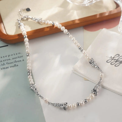 Alloy Copper White Gold Plated Four Eight-Pointed Stars Glass Pearl Zircon Necklace