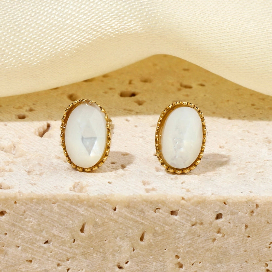 One Pack and Two Pairs Retro French Style Geometric Plating Titanium Steel Natural Stone 14K Gold Plated Ear Studs