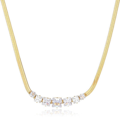 Jewelry Elegant Shiny Square 304 Stainless Steel Zircon Gold Plated Inlay Necklace