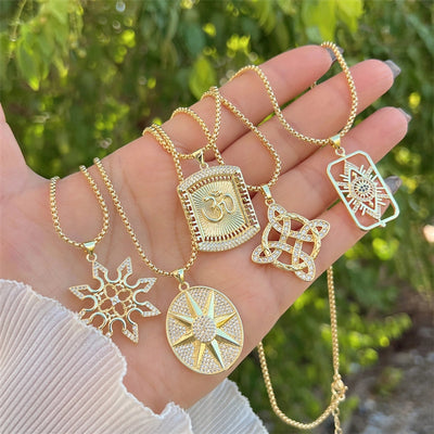 Copper 18K Gold Plated Inlay Geometric Zircon Pendant Necklace