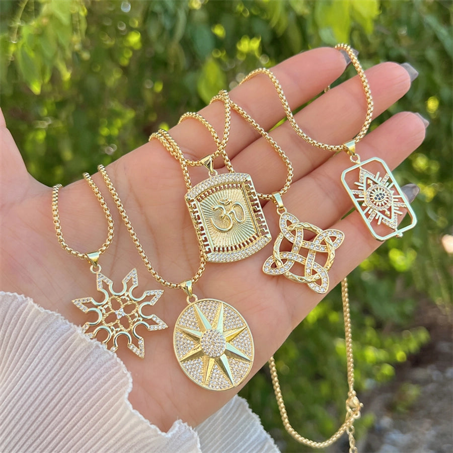 Copper 18K Gold Plated Inlay Geometric Zircon Pendant Necklace