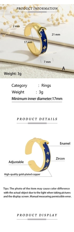 Copper Enamel Inlay Star Moon Zircon Open Rings