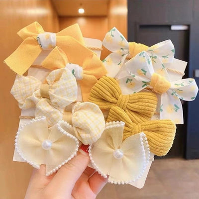 cute plaid flower bow knot cloth inlaid pearls hair tie 1 set