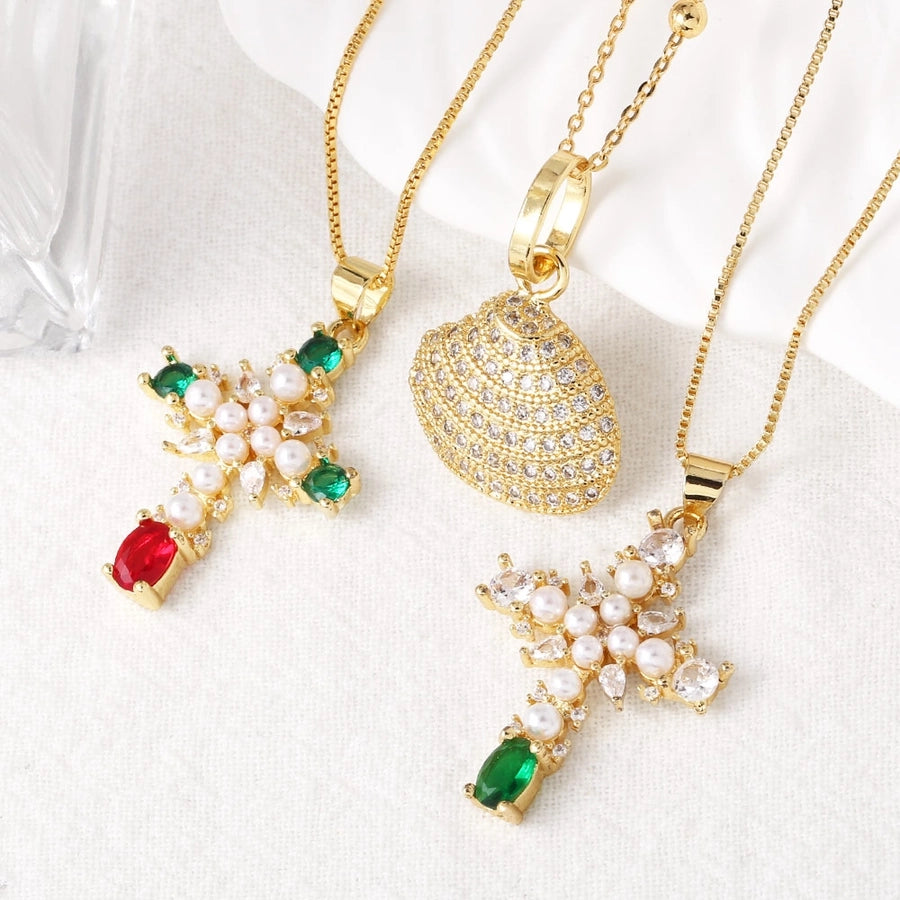 Jewelry Modern Style Simple Style Cross 201 Stainless Steel Copper Pearl Zircon 18K Gold Plated Inlay Pendant Necklace