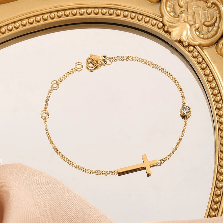 Jewelry Simple Style Classic Style Commute Cross 304 Stainless Steel Artificial Rhinestones 18K Gold Plated Plating Jewelry Set