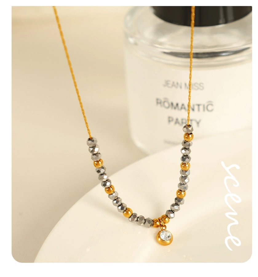 Jewelry IG Style Vintage Style French Style Round 304 Stainless Steel 18K Gold Plated Beaded Polishing Pendant Necklace