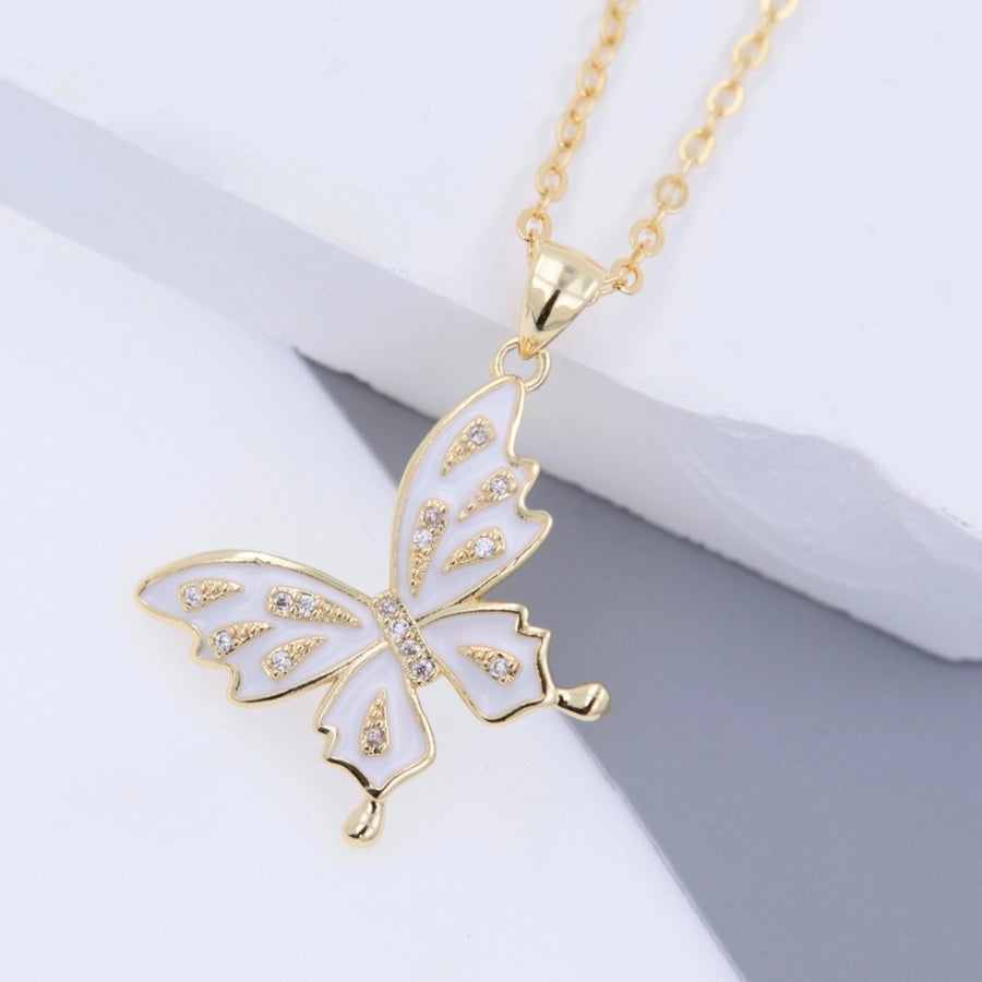 Copper 18K Gold Plated Epoxy Inlay Butterfly Zircon Pendant Necklace