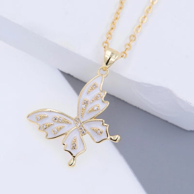 Copper 18K Gold Plated Epoxy Inlay Butterfly Zircon Pendant Necklace