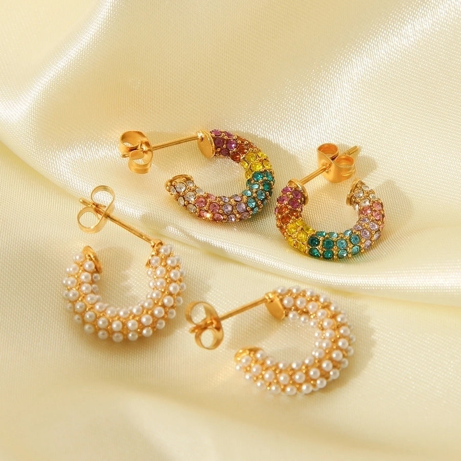 1 Piece IG Style C Shape Plating Inlay 304 Stainless Steel Rhinestones Pearl 18K Gold Plated Ear Studs