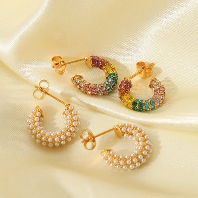 1 Piece IG Style C Shape Plating Inlay 304 Stainless Steel Rhinestones Pearl 18K Gold Plated Ear Studs