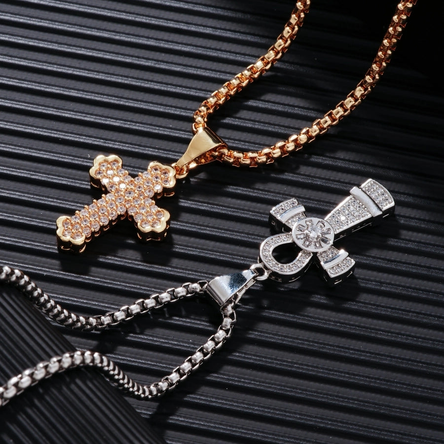 Hip-Hop Rock Shiny Cross Wings 304 Stainless Steel Copper Zircon K Gold Plated Rhodium Plated Unisex Pendant Necklace