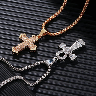 Hip-Hop Rock Shiny Cross Wings 304 Stainless Steel Copper Zircon K Gold Plated Rhodium Plated Unisex Pendant Necklace