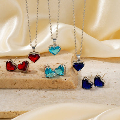 Copper Rhodium Plated Inlay Heart Shape Glass Jewelry Set