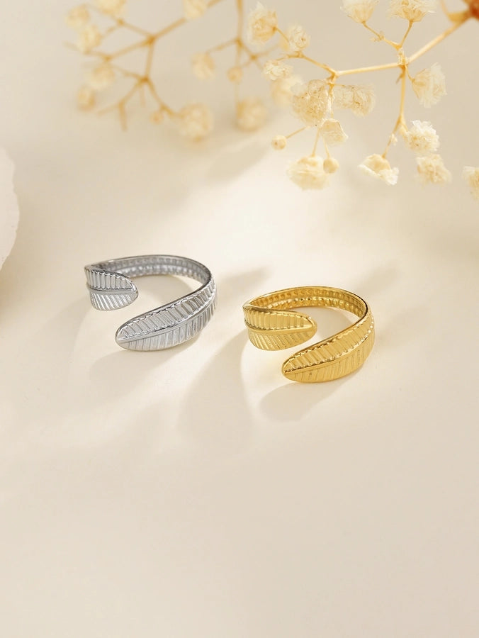 Jewelry Elegant Leaves Feather 304 Stainless Steel Open Rings
