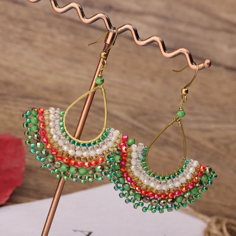 bohemian sector synthetic gemstones shell copper tassel mesh women's ear hook