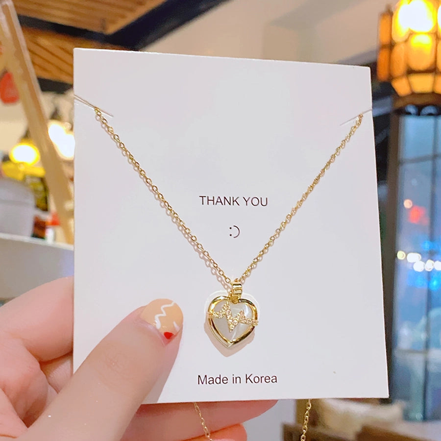 304 Stainless Steel Copper 18K Gold Plated Inlay Heart Shape Zircon Pendant Necklace