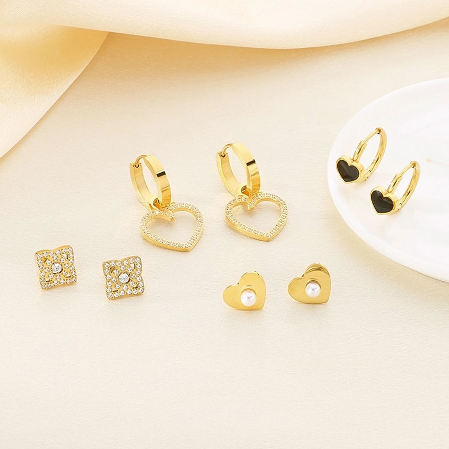 1 Pair Vintage Style Square Heart Shape Hollow Out Inlay 304 Stainless Steel Pearl Zircon 18K Gold Plated Earrings