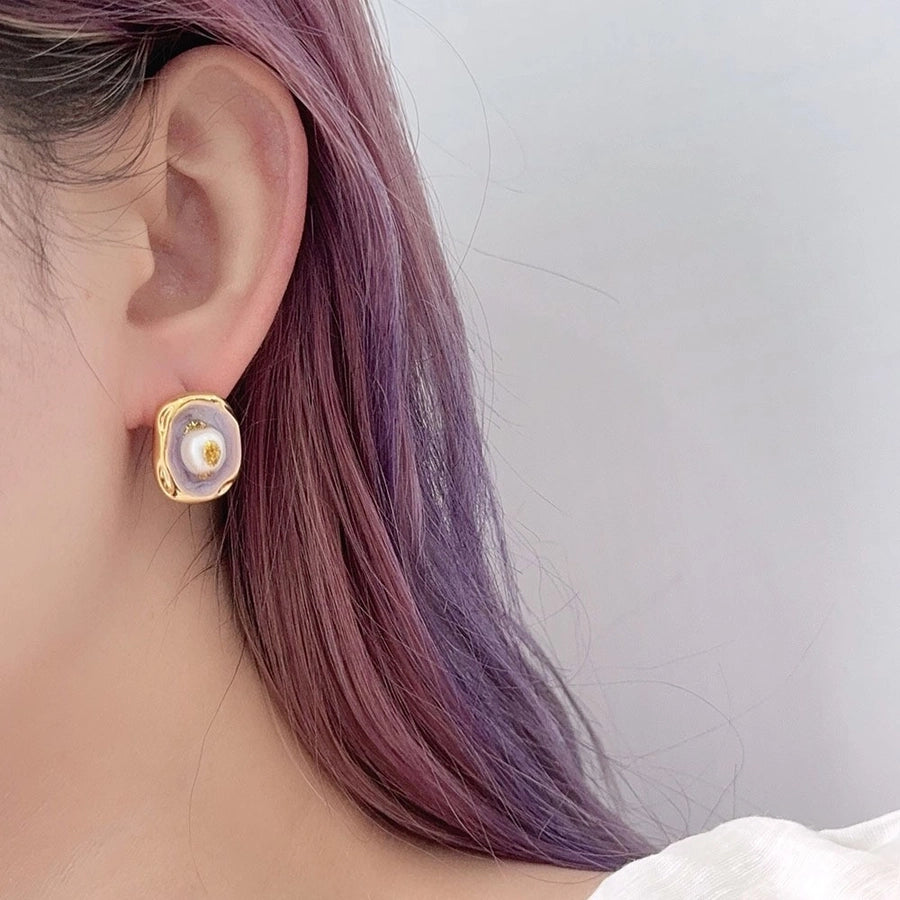 1 Pair Retro Baroque Style Geometric Inlay Copper Freshwater Pearl 18K Gold Plated Ear Studs