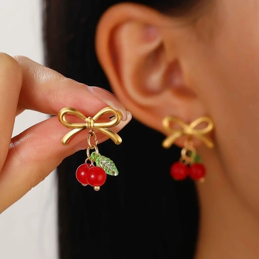 Jewelry Sweet Simple Style Cherry Bow Knot 304 Stainless Steel Rings Earrings