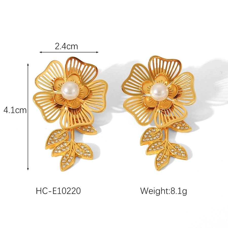 1 Piece IG Style Flower Plating Inlay 304 Stainless Steel Natural Stone Pearl 18K Gold Plated Drop Earrings Ear Studs
