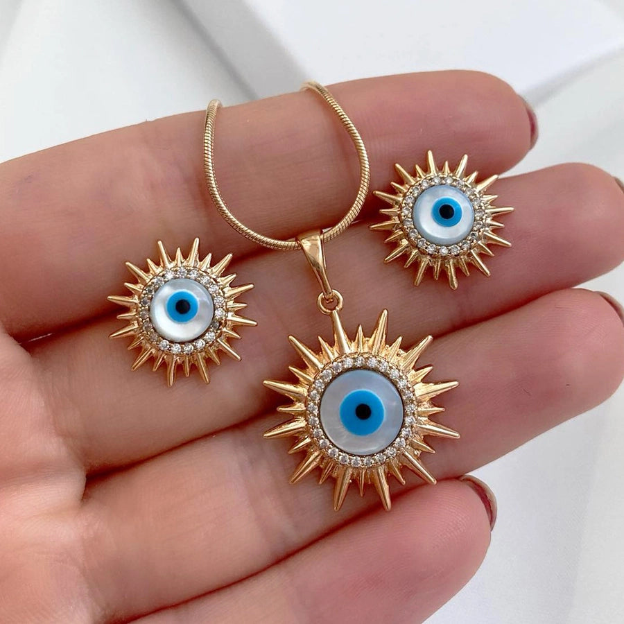 new sun jewelry suit women's  style blue eyes diamond necklace earrings Devil's Eye suit