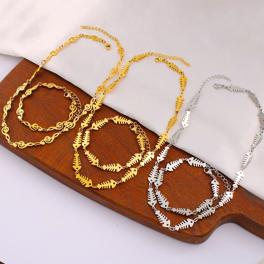 Jewelry IG Style Music Symbol Fish Bone 304 Stainless Steel 18K Gold Plated Bracelets Necklace
