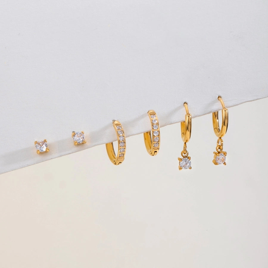 18K Gold Stainless Steel Rhinestone White Rhinestone Ear Clip Earrings 3 Pairs One Card