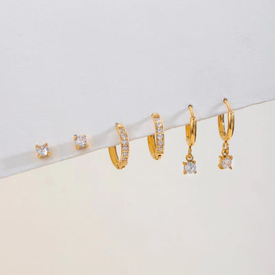 18K Gold Stainless Steel Rhinestone White Rhinestone Ear Clip Earrings 3 Pairs One Card