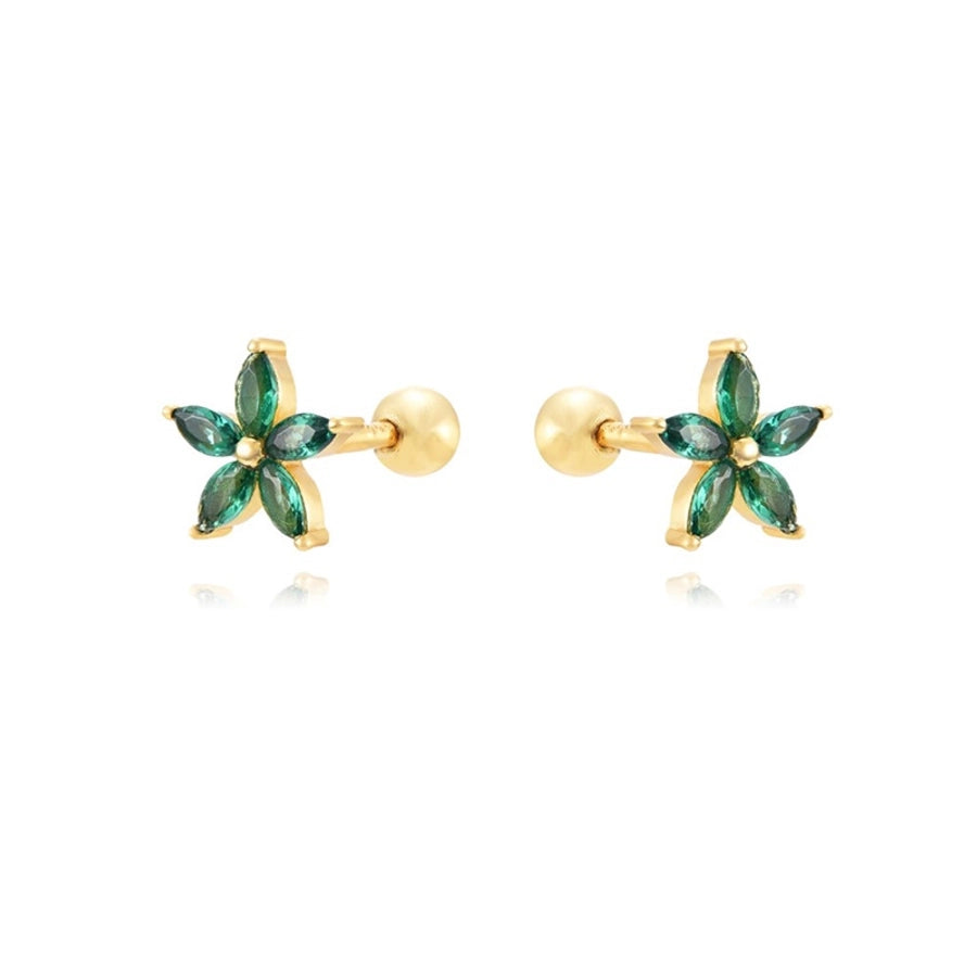 1 Pair Sweet Shiny Flower Inlay Copper Zircon 24K Gold Plated Ear Studs