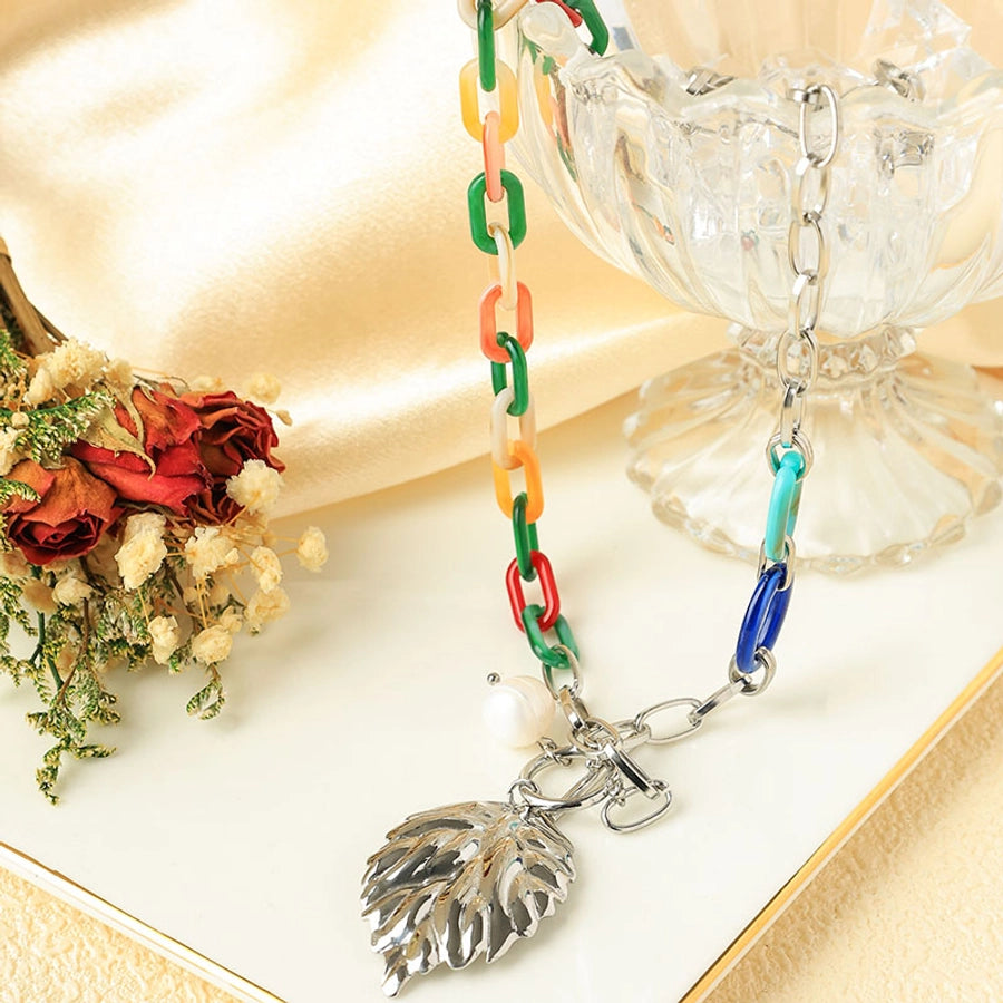 Elegant Vacation Leaves 14K Gold Plated 304 Stainless Steel Arylic  Pendant Necklaces