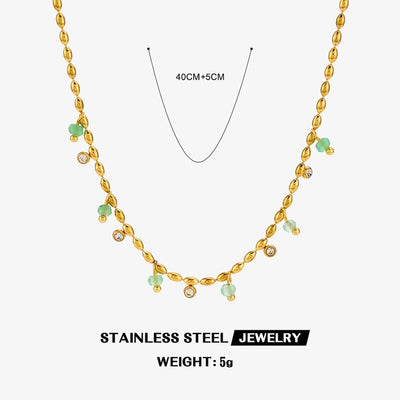 Jewelry Casual Vintage Style Round 304 Stainless Steel Zircon 18K Gold Plated Green Aventurine Inlay Necklace