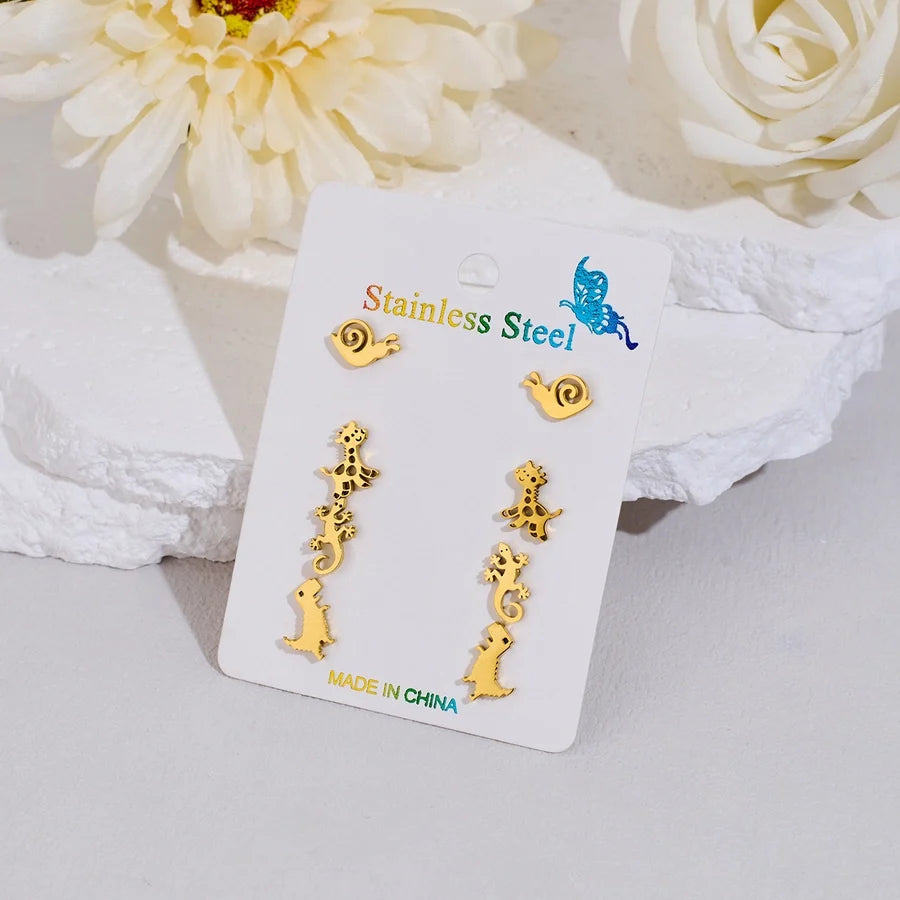 4 Pairs Cute Sweet Commute Animal Dinosaur Deer Polishing Hollow Out 304 Stainless Steel 18K Gold Plated Ear Studs