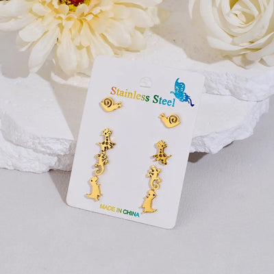 4 Pairs Cute Sweet Commute Animal Dinosaur Deer Polishing Hollow Out 304 Stainless Steel 18K Gold Plated Ear Studs