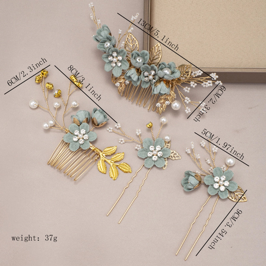 Women's IG Style Sweet Flower Cloth Metal Handmade Pearl Inlay Rhinestones Insert comb