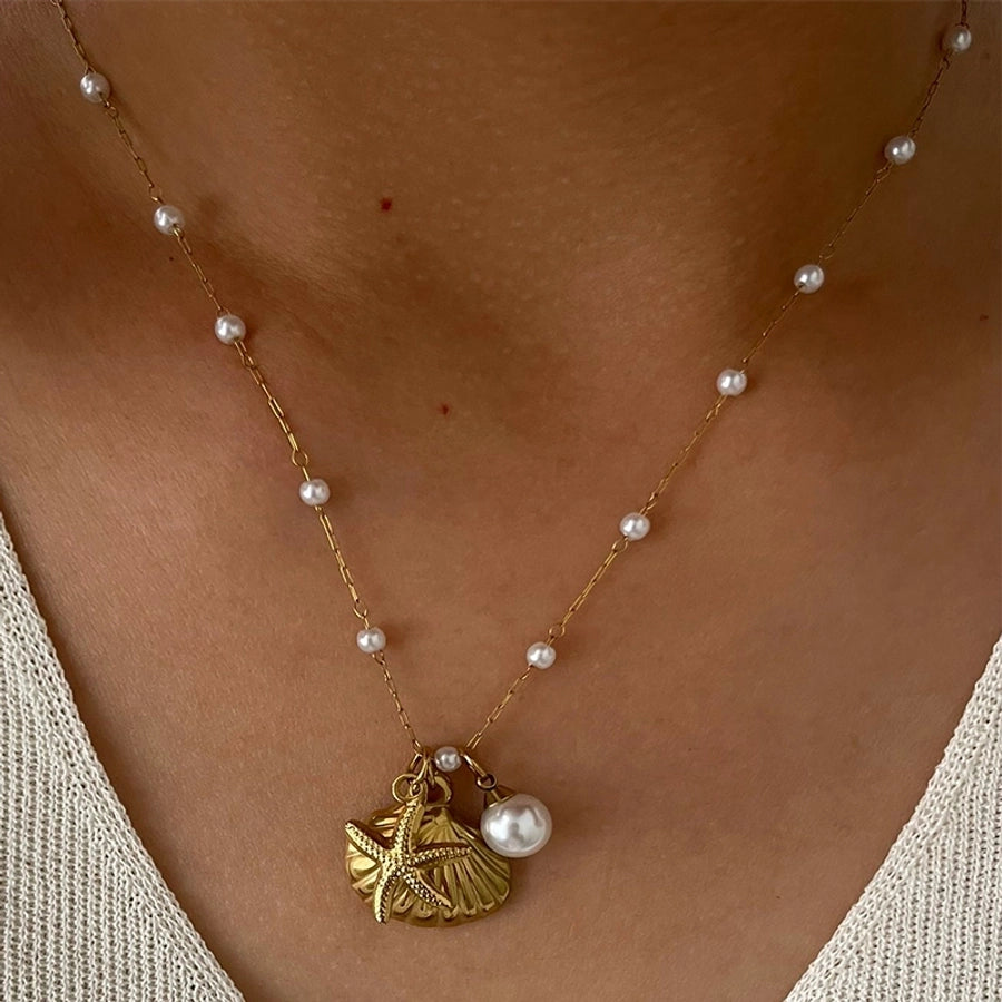 Jewelry Retro Marine Style Beach Starfish Shell 316L Stainless Steel  18K Gold Plated Pendant Necklace
