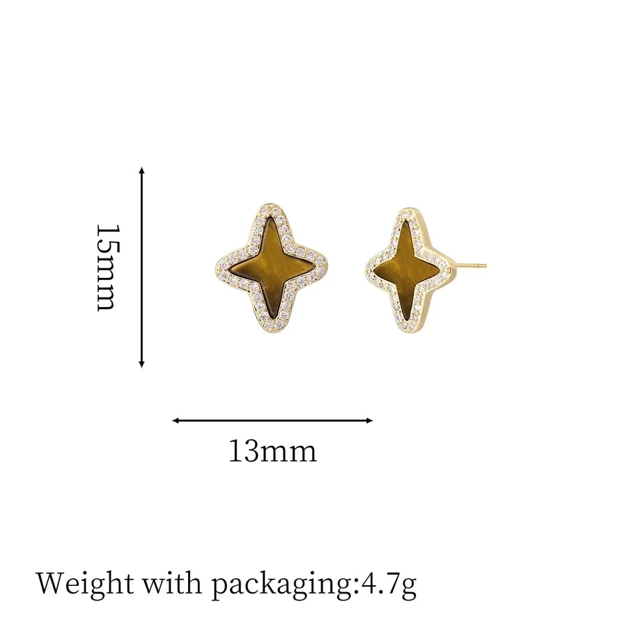 1 Pair Vintage Style Simple Style Geometric Round Heart Shape Plating Inlay Copper Natural Stone Zircon 18K Gold Plated Ear Studs