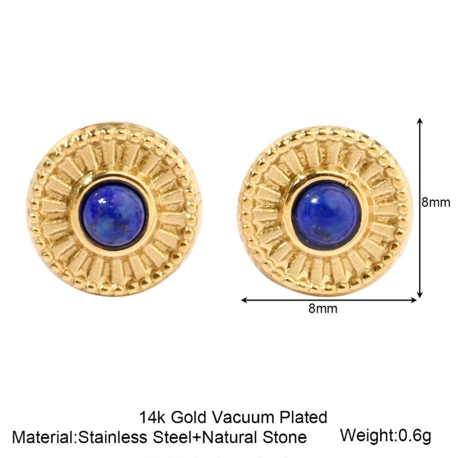 One Pack and Two Pairs Retro French Style Geometric Plating Titanium Steel Natural Stone 14K Gold Plated Ear Studs