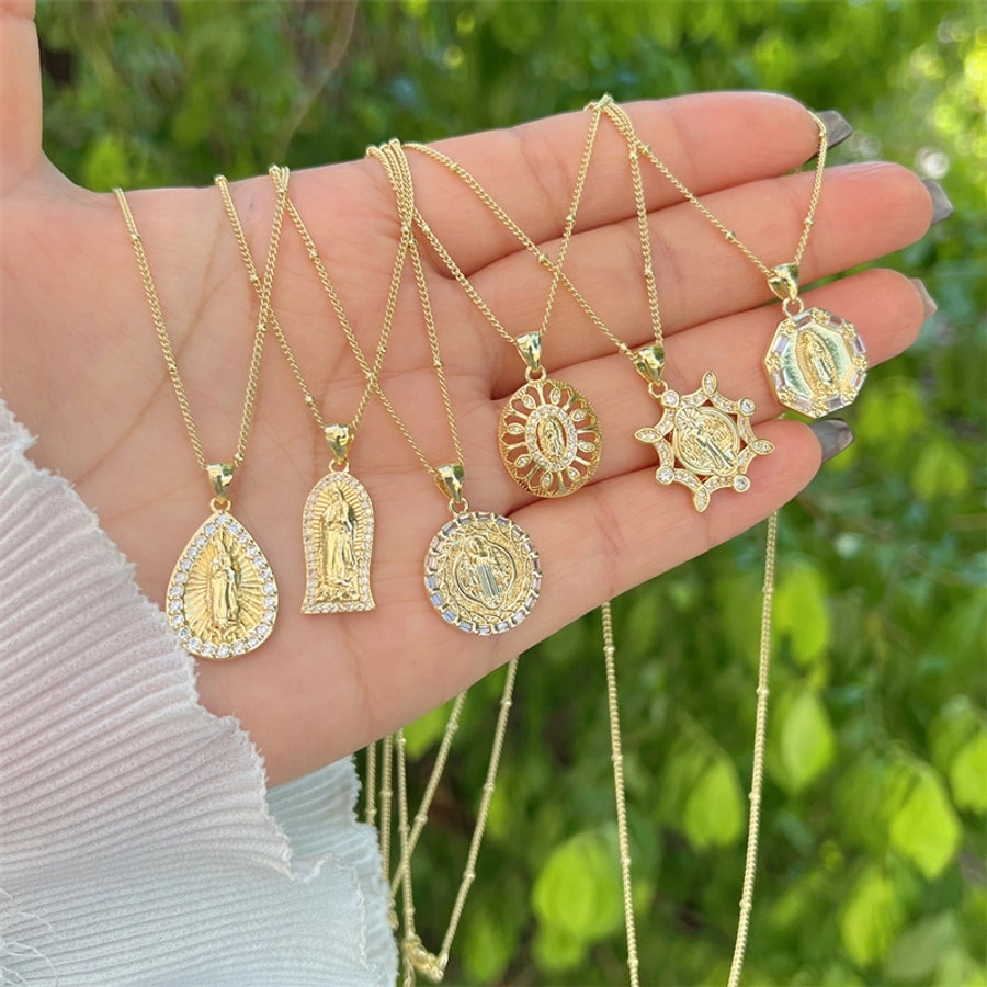 Copper 18K Gold Plated Inlay Virgin Mary Zircon Pendant Necklace