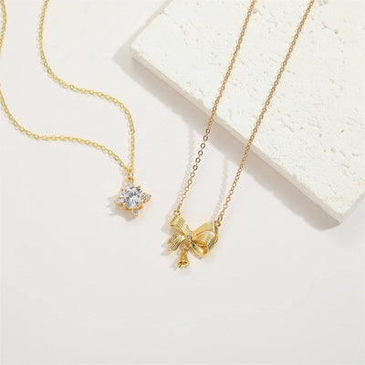 ABS Copper 14K Gold Plated Inlay Star Bow Knot Fish Bone Zircon Pendant Necklace