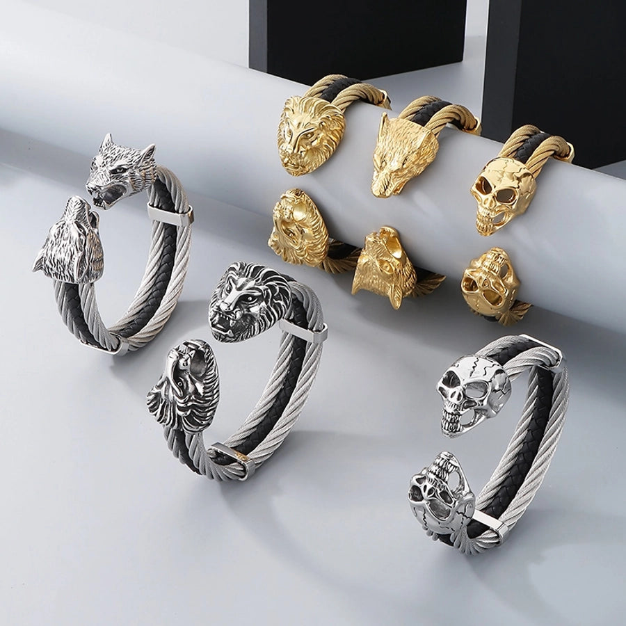 Business Lion's head Wolf Head Skull 304 Stainless Steel 18K Gold Plated Men's Bangle