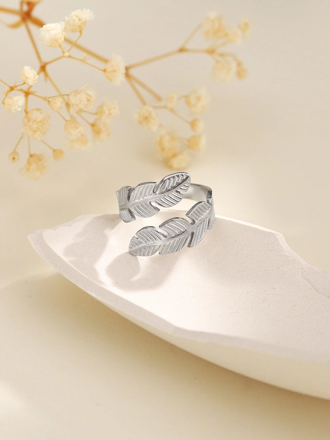 Jewelry Elegant Leaves Feather 304 Stainless Steel Open Rings