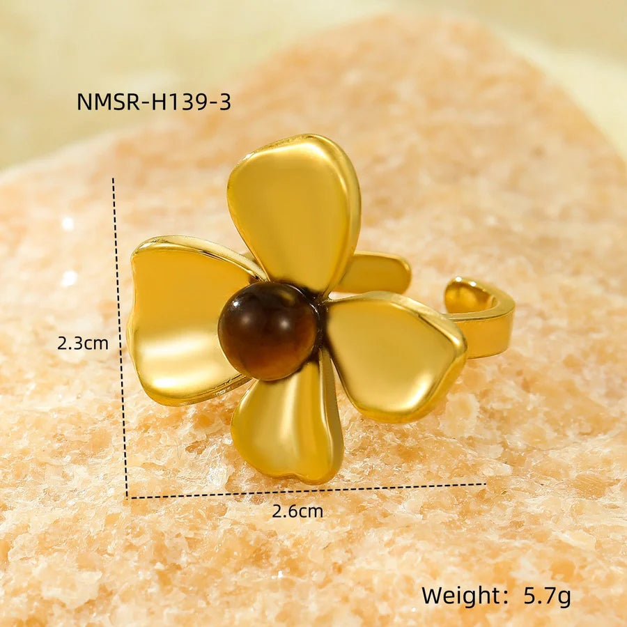 Jewelry Elegant Retro Flower 304 Stainless Steel Natural Stone Pearl Inlay Open Rings