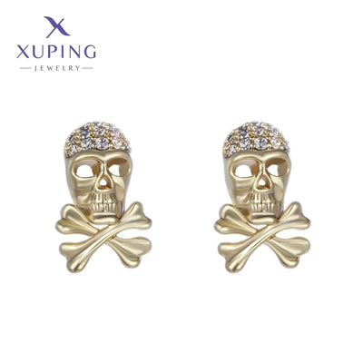 12 pairs XUPING Cool Style Skull Plating Inlay Copper Zirconia 14K Gold Plated Ear Studs